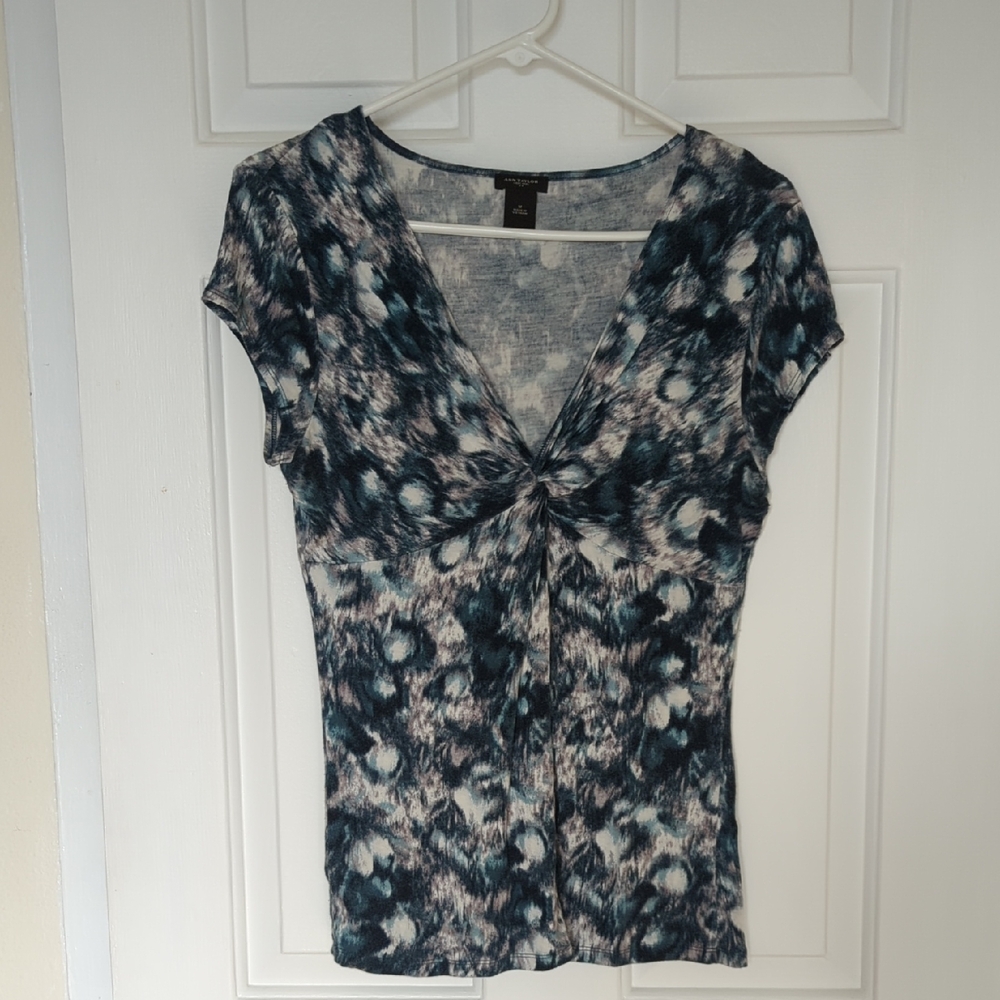 Ann Taylor Abstract Green and Black Cap Sleeve Top
